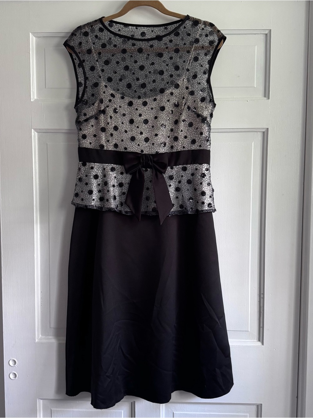 Liz Claiborne Black Polka Dot Midi Dress with Bow Wedding Guest Evening Sz 10